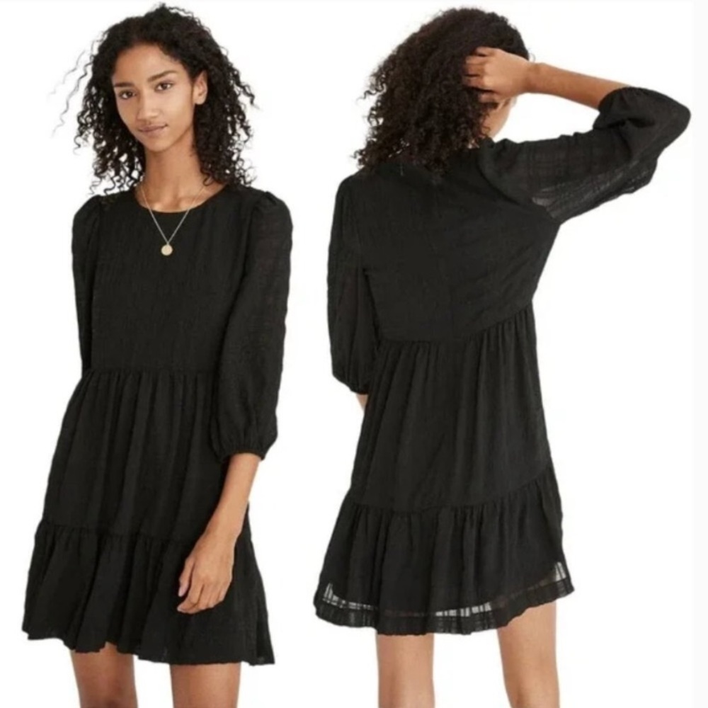 Madewell Puff Sleeve Ruffle Hem Mini Dress Black Style #MC329